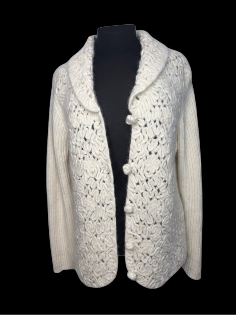 Coldwater Creek Made Japan Wool Blend Cardigan L Cream White Loop Knit Vintage